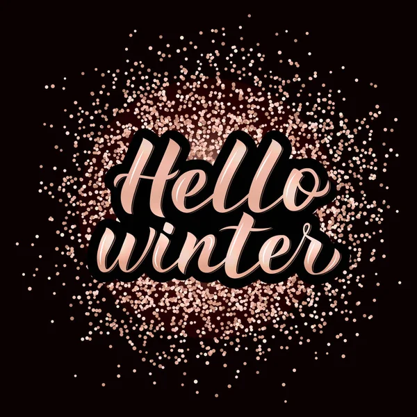 Каллиграфия Hello Winter Фактурном Фоне Розового Золота Ручная Надпись Плакат — стоковый вектор