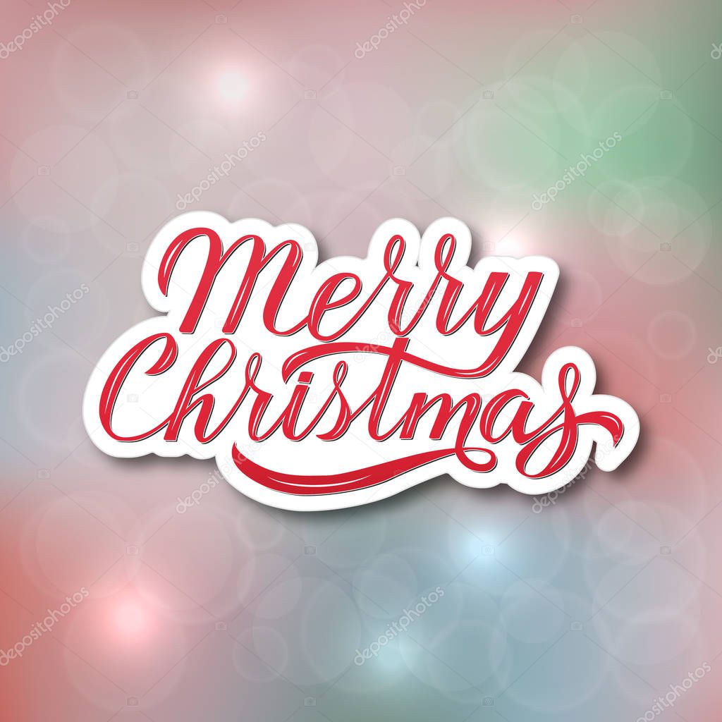 Merry Christmas hand lettering on blurred gradient background. Celebrations quote calligraphy with brush. Holidays mood vector illustration. Easy to edit template for greeting cards etc. 