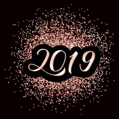 2019 el yeni yıl için yazı gül altın glitter bacground.3d hat numaraları çizilmiş. Tatil partisi poster. Banner, işaret, tebrik kartı vb için vektör şablonu düzenlemek kolay. 