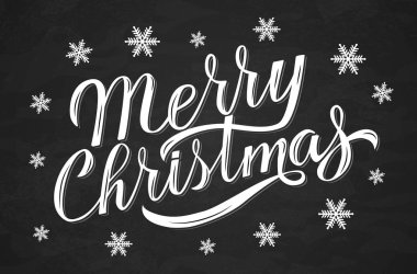 Neşeli Noel elle çizilmiş hat yazı kara tahta üzerinde kar taneleri çevrili. Tatil vektör çizim. Afiş, poster, tebrik kartı vb için vektör şablonu düzenlemek kolay. 