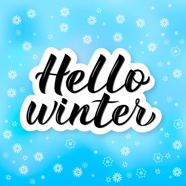 こんにちは 冬書道レタリング 雪が飛んで明るい青色の背景 冬のパーティの装飾 休日気分ベクトル イラスト 簡単バナー グリーティング カードなどのテンプレートを編集するには — ストックベクタ