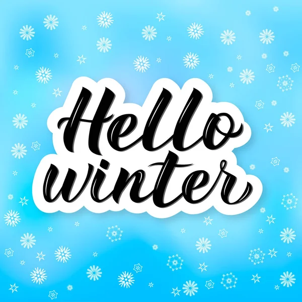 Hola Letras Caligrafía Invierno Fondo Azul Brillante Con Copos Nieve — Vector de stock