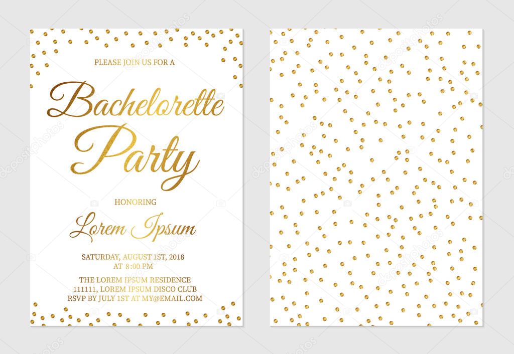 Gold glitter confetti bachelorette party invitation card front and back side. Golden polka dots bridal shower invite. Wedding stationery. Vector illustration. Easy to edit template.