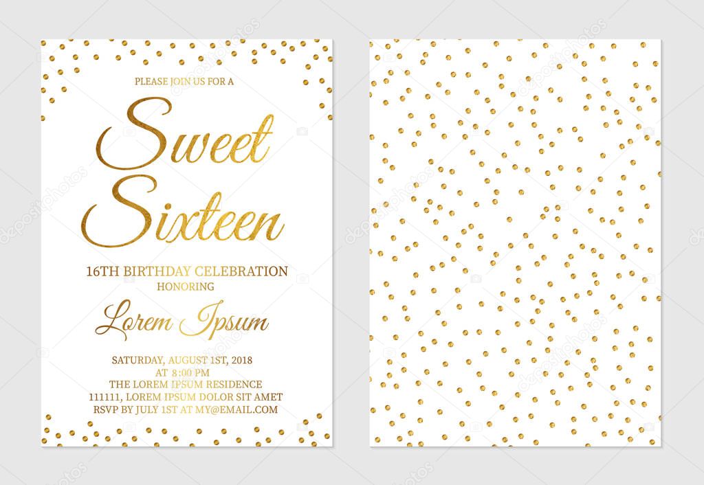 Gold glitter confetti Sweet Sixteen invitation card front and back side. Golden polka dots girls 16th birthday party invite flyer. 