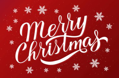 Neşeli Noel elle çizilmiş hat yazı kırmızı zemin üzerine kar taneleri çevrili. Tatil vektör çizim. Tebrik kartı, davet, afiş, vb için vektör şablonu düzenlemek kolay