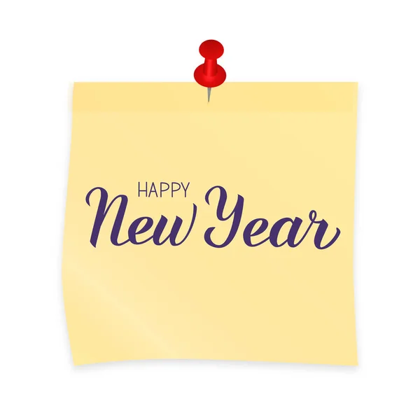 Feliz Año Nuevo Escrito Nota Adhesiva Amarilla Adjunta Con Alfiler — Vector de stock
