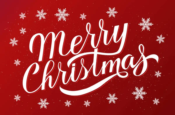 Neşeli Noel elle çizilmiş hat yazı kırmızı zemin üzerine kar taneleri çevrili. Tatil vektör çizim. Tebrik kartı, davet, afiş, vb için vektör şablonu düzenlemek kolay
