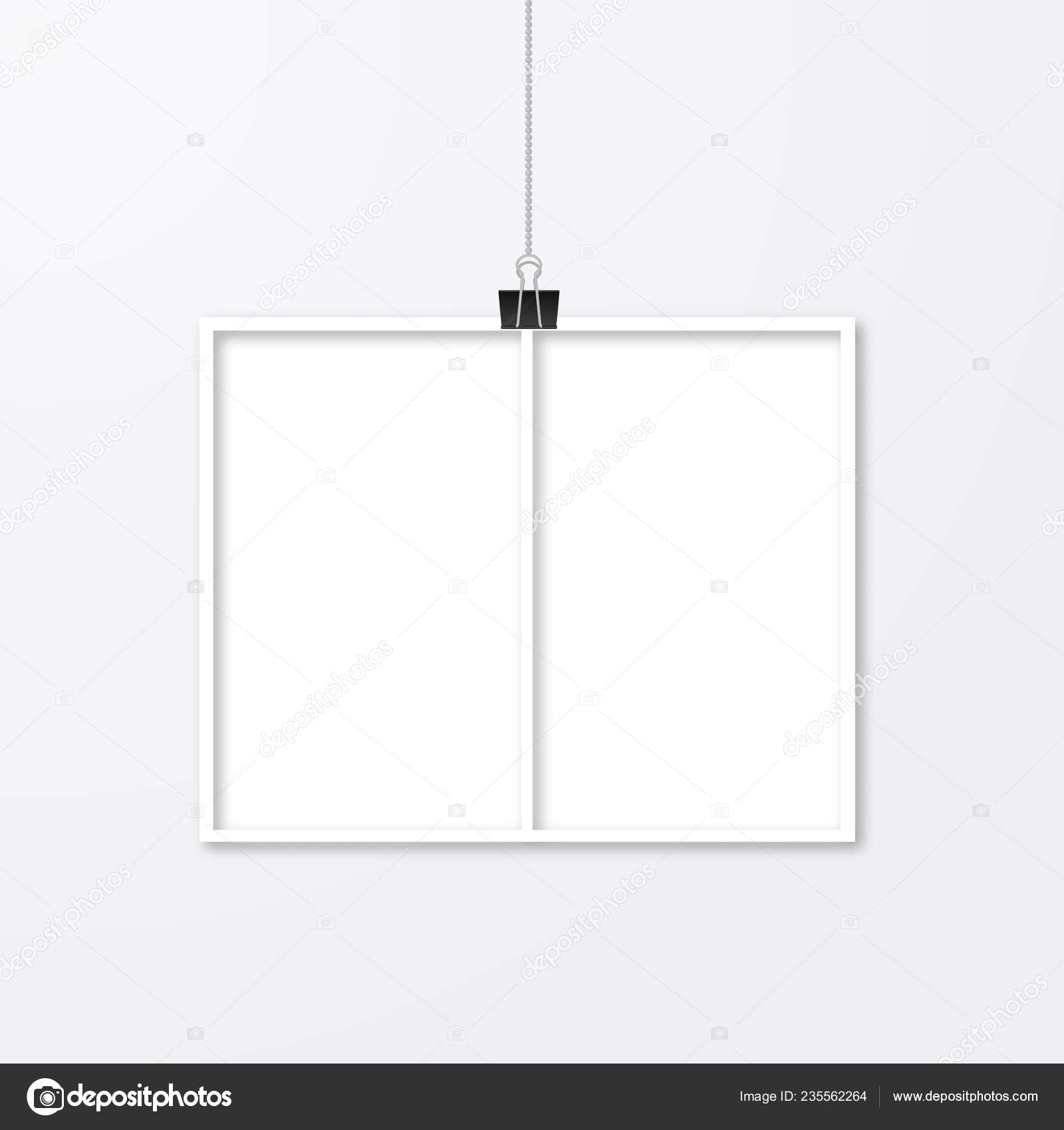 Realistic Photo Frame Hanging Binder Clips Isolated White