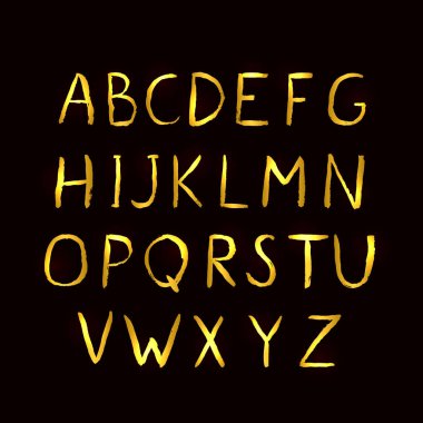 Parlak altın vektör alfabe. Eğitim poster el ile Latin büyük altın harfler A-Z Siyah arka plan üzerine çizilmiş. Grunge sans serif modern yazı tipi. Basit-e doğru senin sanat için şablonu Düzenle.