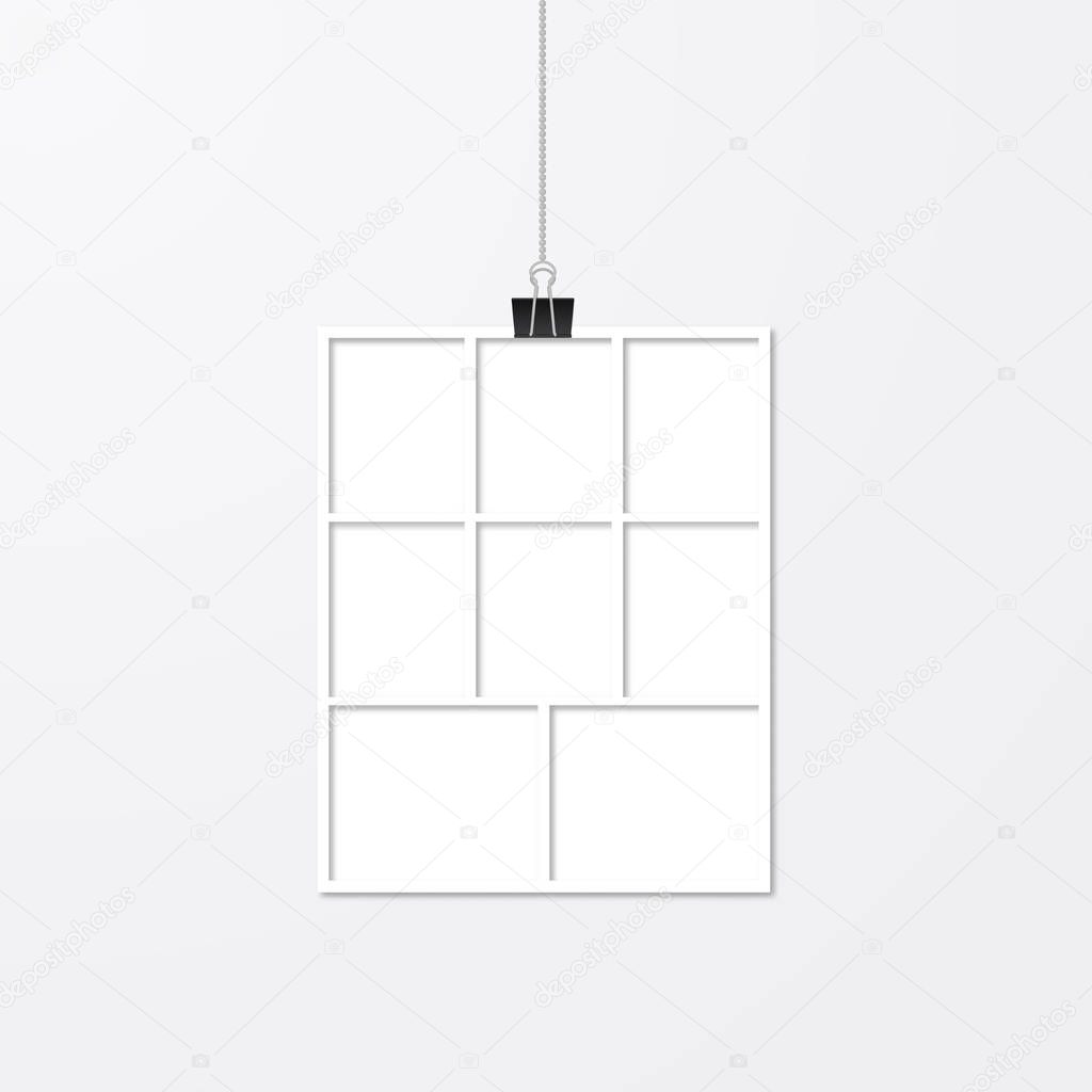 Realistic vector frame hanging with binder clips. White paper frame. Collage layout template. Mock up for photographers. Free space for your photo or illustration.