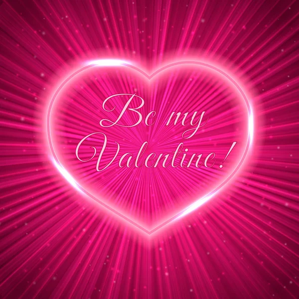 Glücklicher Valentinstag Rosa Grußkarte Mit Neonfarbenem Herz Auf Glänzenden Strahlen — Stockvektor