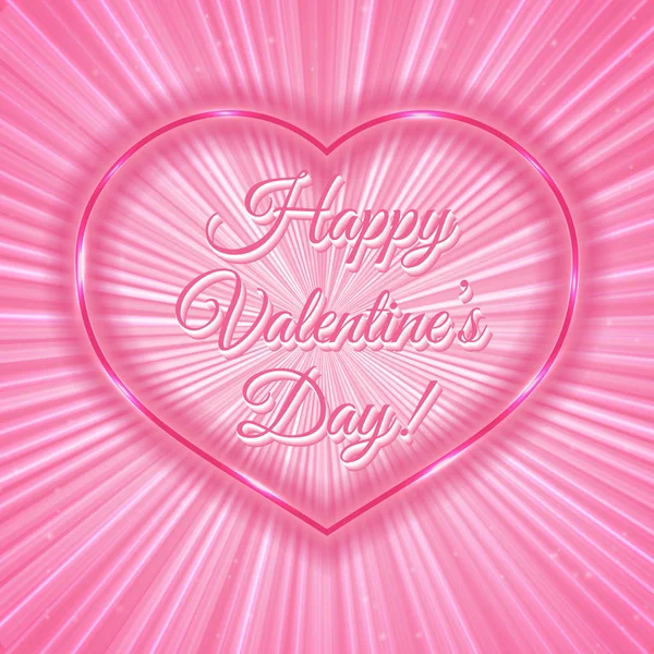 Happy Valentines Day Pink Greeting Card Neon Heart Shiny Rays — Stock Vector