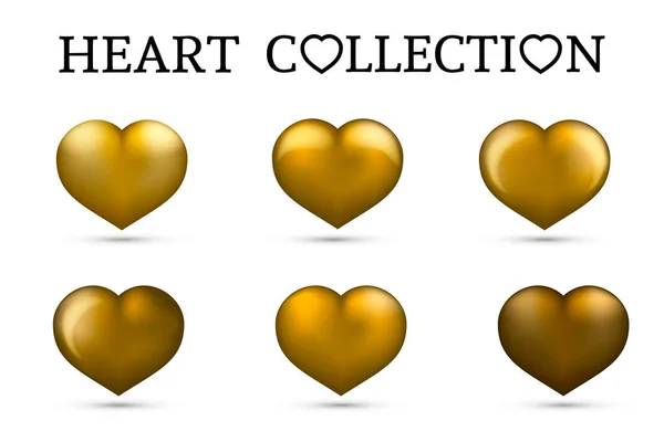 Gold Heart Collections Set Six Realistic Hearts Isolated White Background — Stock Vector