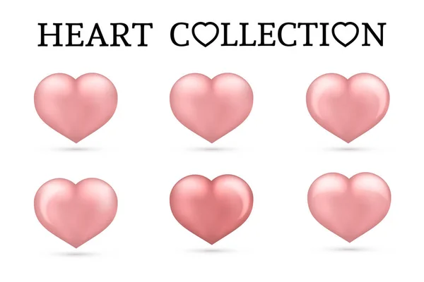 Soft Pink Heart Collections Set Six Realistic Hearts Isolated White — Stock Vector