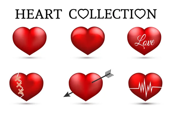 Red Heart Collections Set Six Realistic Hearts Isolated White Background — Stock Vector