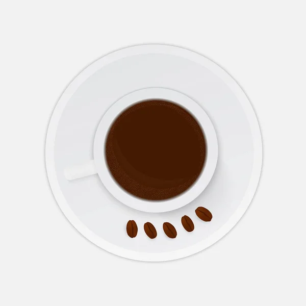 现实的一杯咖啡与在白色背景上查出的豆豆 顶部视图 早餐或休息的概念 平的放置的向量例证 易于编辑设计项目的设计模板 — 图库矢量图片