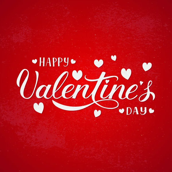 Joyeux Valentines Lettrage Main Avec Des Cœurs Sur Fond Rouge — Image vectorielle