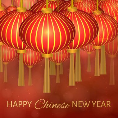 Çin yeni yılı vektör çizim ile koyu kırmızı bokeh arka plan üzerinde fenerler. Tasarım projeleri için tasarım şablonu düzenlemek kolay. Tebrik kartları, afiş, davetiye vb. kullanılabilir.