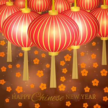 Çin yeni yılı vektör çizim fenerler ve bokeh arka plan üzerinde kiraz çiçeği. Senin sanat için tasarım şablonu düzenlemek kolay. Tebrik kartları, afiş, davetiye vb. kullanılabilir.