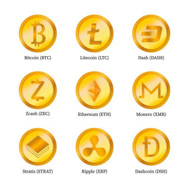 Beyaz izole dokuz kripto para birimi simgeler kümesi. Dijital para. Sanal para. Altın sikke. Blockchain güvenli temel. Kolay vektör öğeleri tasarım Web siteleri, sosyal medya, apps, vb.