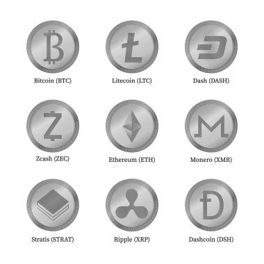 Beyaz izole dokuz kripto para birimi simgeler kümesi. Dijital para. Sanal para. Gümüş. Blockchain güvenli temel. Kolay vektör öğeleri tasarım Web siteleri, sosyal medya, apps, vb.