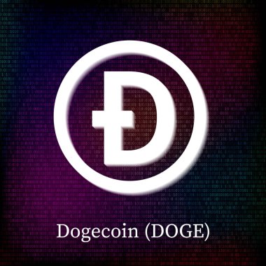 Karanlık ikili kod arka plan DogeCoin sembolü. Cryptocurrency simgesi. Sanal dijital para. Blockchain kavramı. Kolay vektör öğesi tasarım Web siteleri, sosyal medya, apps, logo vb için.