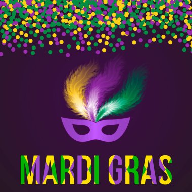 Mardi Gras Karnavalı vektör çizim yeşil, mor ve sarı konfeti ve maske koyu arka plan üzerine. Tasarım projeleri için tasarım şablonu düzenlemek kolay.