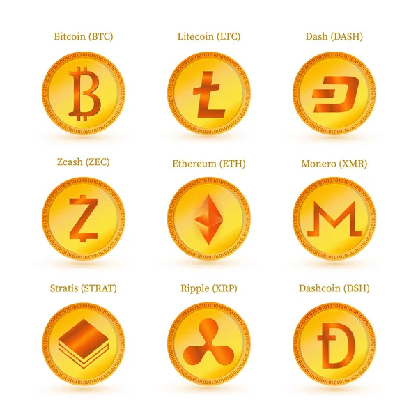 Conjunto Nueve Iconos Criptográficos Aislados Blanco Moneda Digital Dinero Virtual — Vector de stock