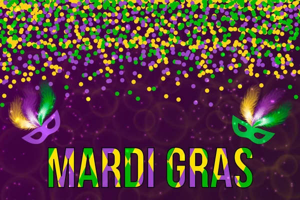 Векторная Иллюстрация Карнавала Марди Гра Зелёными Фиолетовыми Жёлтыми Конфетти Маской — стоковый вектор