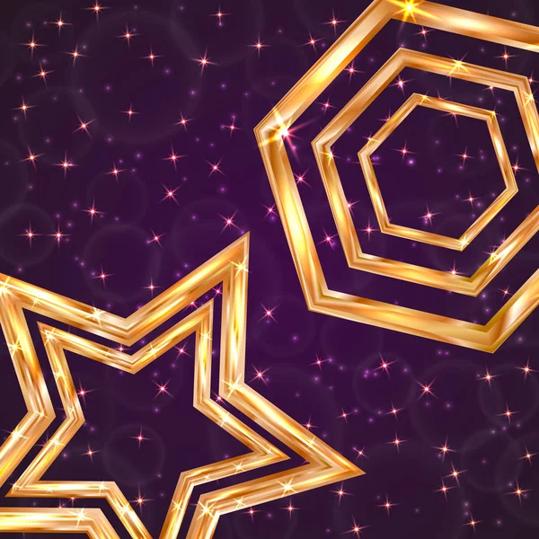 Ljusa Golden Hexagon Och Stjärna Mörk Lila Bakgrund Med Bokeh — Stock vektor