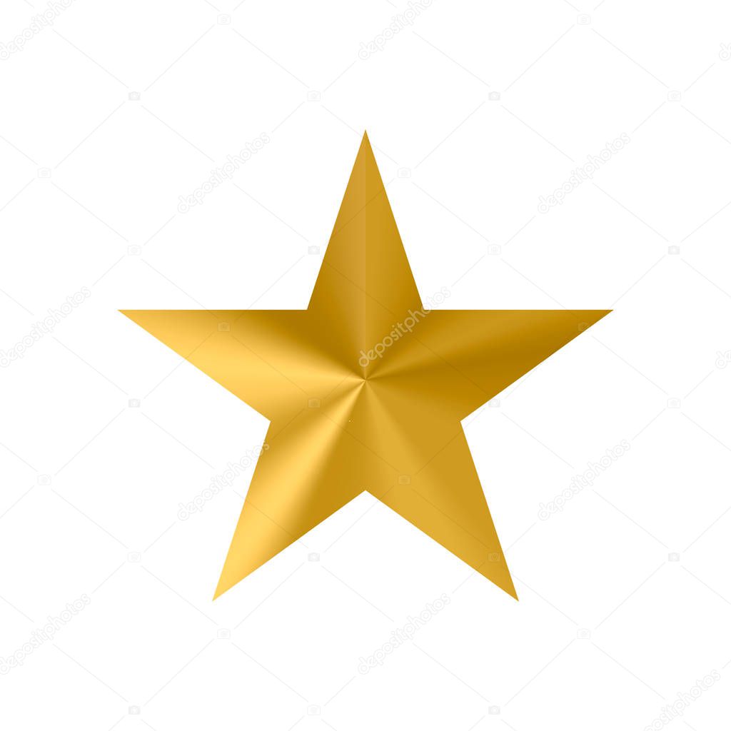 Metallic gold star isolated on white background. Simple golden star icon. Foil effect vector illustration. Christmas decoration. Convex shape with gradient. Easy to edit template for your designs.