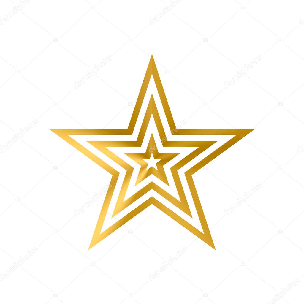 Three metallic gold stars enclosed one into another isolated on white. Simple golden star icon. Foil effect vector illustration. Christmas decoration. Easy to edit template for your designs.