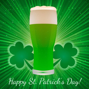 St. Patrick's Day greeting card on a bright green background with clover and glass of beer. Easy to edit vector design template for your artworks.