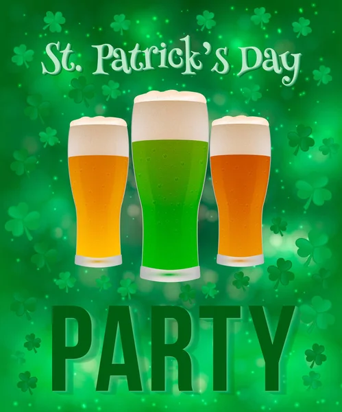 Patrick Day Party Banner Clover Shamrock Beer Glasses Bright Green — Stock Vector