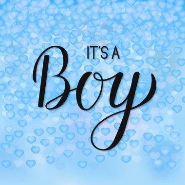 Bu bir çocuk hat yazı var. 3d mavi arka plan ile düşen kalpler konfeti. Kutlama alıntı el fırça ile yazılı. Bebek duş davet, işaret, poster ya da tebrik kartı vektör şablonu. 