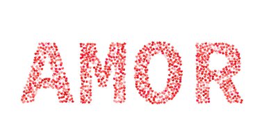 Kelime Amor kırmızı ve pembe küçük kalpler tonları yapılmış. İspanyolca olarak seviyorum. Sevgililer günü tipografi poster. Vektör çizim. Basit-e doğru senin sanat için şablonu Düzenle
