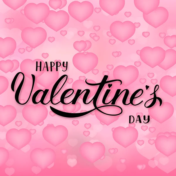 Happy Valentines Day calligraphy hand lettering on pink background with 3d flying hearts. Valentines  day greeting card. Easy to edit vector template for flyer, banner, party invitation