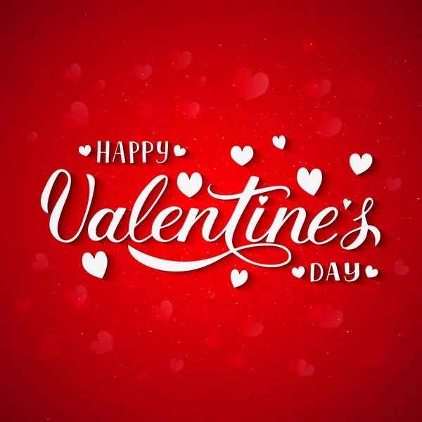 Glückliche Valentinstag Hand Schriftzug Mit Herzen Auf Rotem Hintergrund Valentinstag — Stockvektor