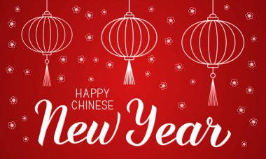 Mutlu Çin yeni yılı yazı kiraz çiçeği ve fener kırmızı zemin üzerine. Hat yazı ver. Vektör çizim. Parti davetiye, tebrik kartı vb için şablon düzenlemek kolay.