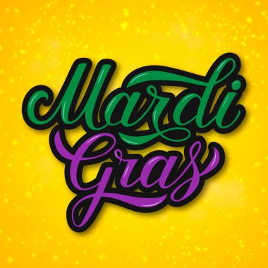 Mardi Gras renkli el yazı parlak sarı zemin üzerine. Yağ veya Shrove Salı günü kutlama poster. New Orleans'ın geleneksel karnaval. Vektör şablon afiş, el ilanı, yeni yıl eğlencesi daveti için.