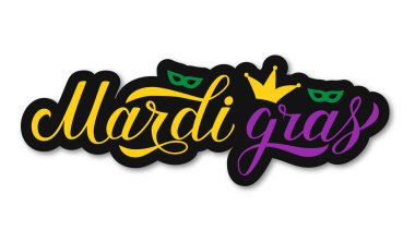 Mardi Gras kaligrafi renkli el yazı. Yağ veya Shrove Salı günü kutlama poster. New Orleans'ın geleneksel karnaval. Vektör öğesi tasarım afiş, el ilanı, yeni yıl eğlencesi daveti için.
