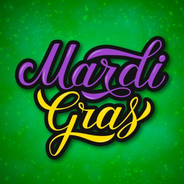 Mardi Gras renkli el yazı parlak yeşil zemin üzerine. Yağ veya Shrove Salı günü kutlama poster. New Orleans'ın geleneksel karnaval. Vektör şablon afiş, el ilanı, yeni yıl eğlencesi daveti için.