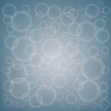 Gri arka plan üzerinde bokeh. Kabarcıklar ve köpüklü parçacıkları ile nötr arka plan. Tasarım şablonu, resminizin için. Vektör çizim.