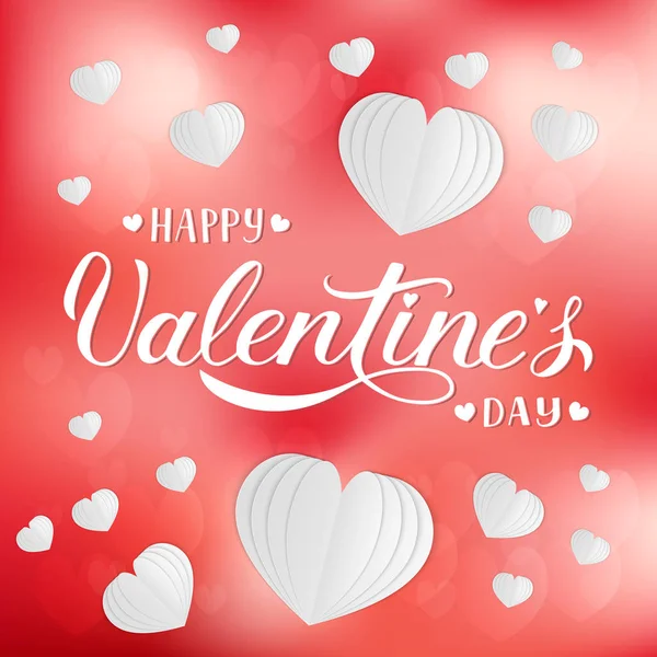 Feliz San Valentín Banner Con Caligrafía Letras Mano Corazones Cortados — Vector de stock