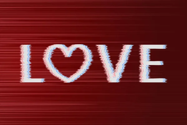 Lettres Amour Coeur Avec Effet Glitch Blanc Sur Fond Rouge — Image vectorielle