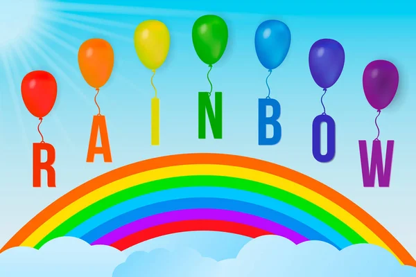 Buchstaben Regenbogen Mit Bunten Luftballons Und Sonnenstrahlen Blauen Himmel Sommer — Stockvektor