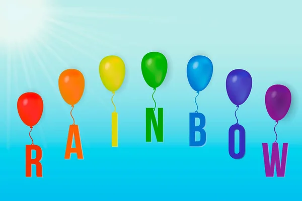 Buchstaben Regenbogen Mit Bunten Luftballons Und Sonnenstrahlen Blauen Himmel Sommer — Stockvektor