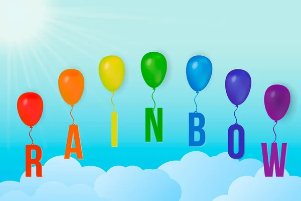 Buchstaben Regenbogen Mit Bunten Luftballons Und Sonnenstrahlen Blauen Himmel Sommer — Stockvektor