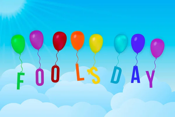 Ilustração Vetor Dia Dos Tolos Com Balões Coloridos Raios Sol — Vetor de Stock