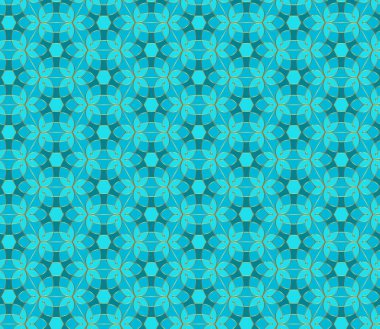 Çiçek sorunsuz dantel modeli. Geometrik mozaik arka plan. Naneli yeşil, mavi ve altın çiçek dürbünü. Şark süsleme. Kolay vektör şablonu için davetiye, tebrik kartları, kumaş, duvar kağıtları.